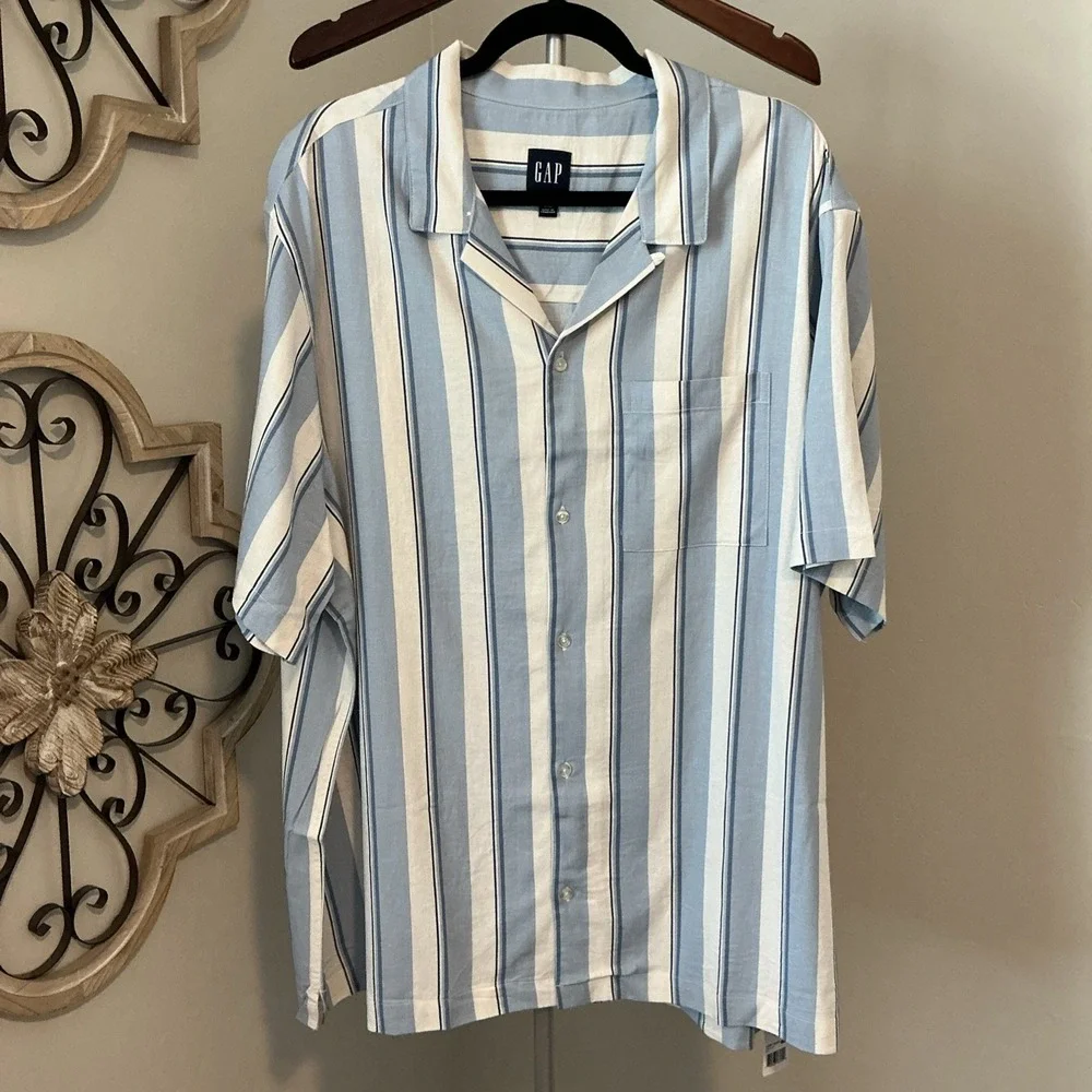 Gap Mens Size 2XL Blue Striped Nautical‎ Cabana Camp Button Shirt